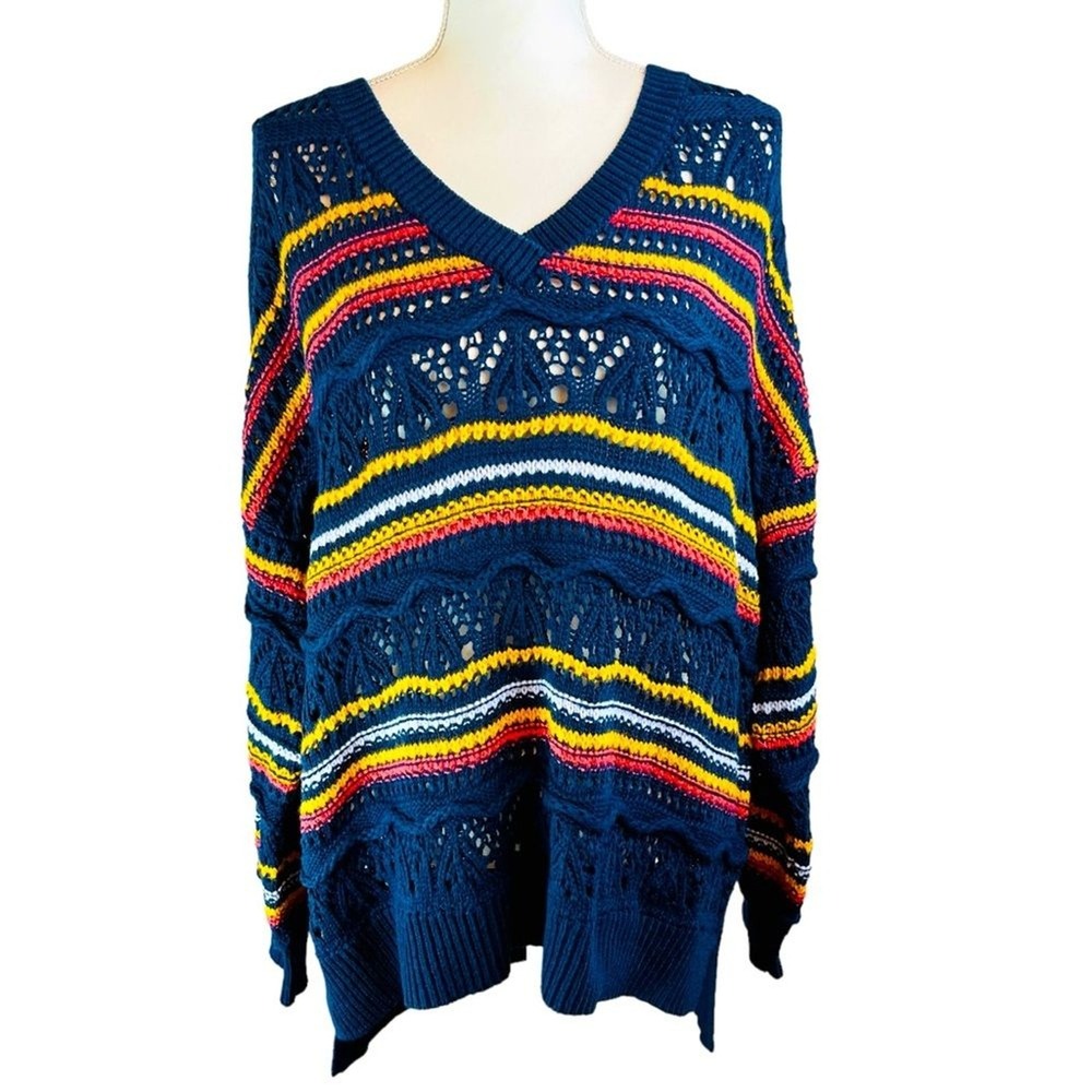 SUNDANCE Open Knit Sweater P XL Blue Striped Crochet Knit Boho Coastal Hippie